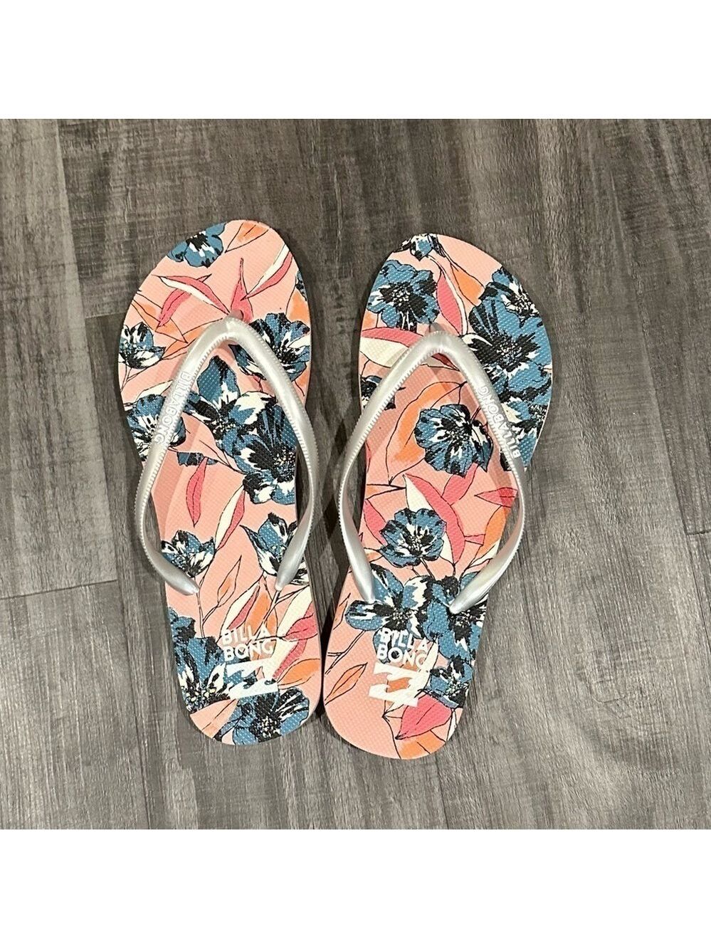 Billabong Floral Flip Flops – Pink & Blue Tropical Sandals – Size 9/10
